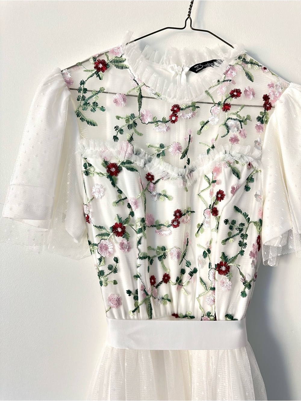 Simplee Women's White tulle floral embroidered Dress
